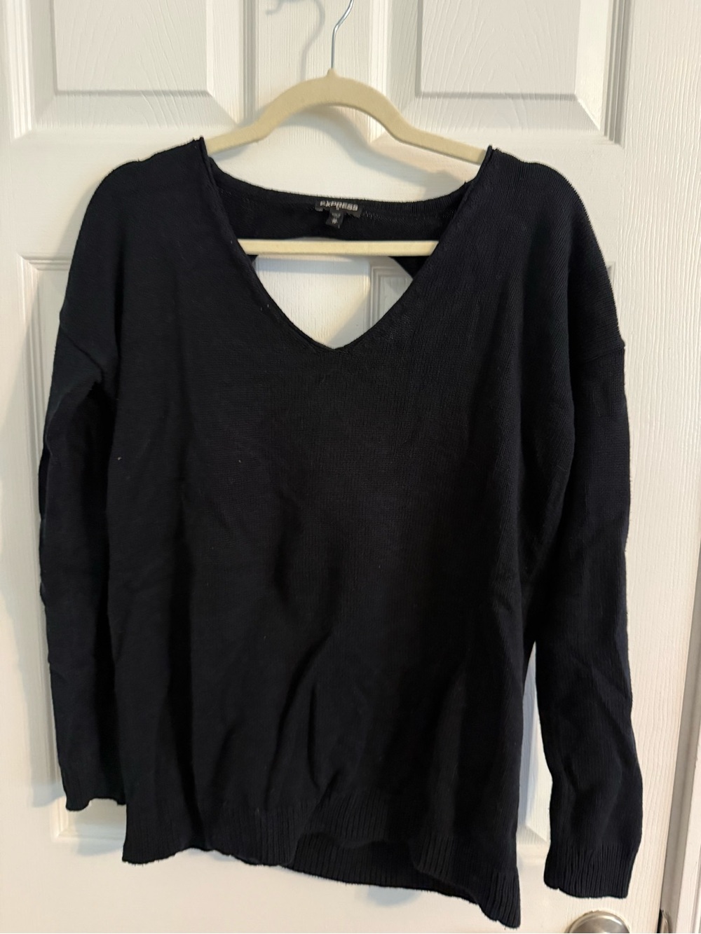 Express Black Knit Top with V-Neck Trim